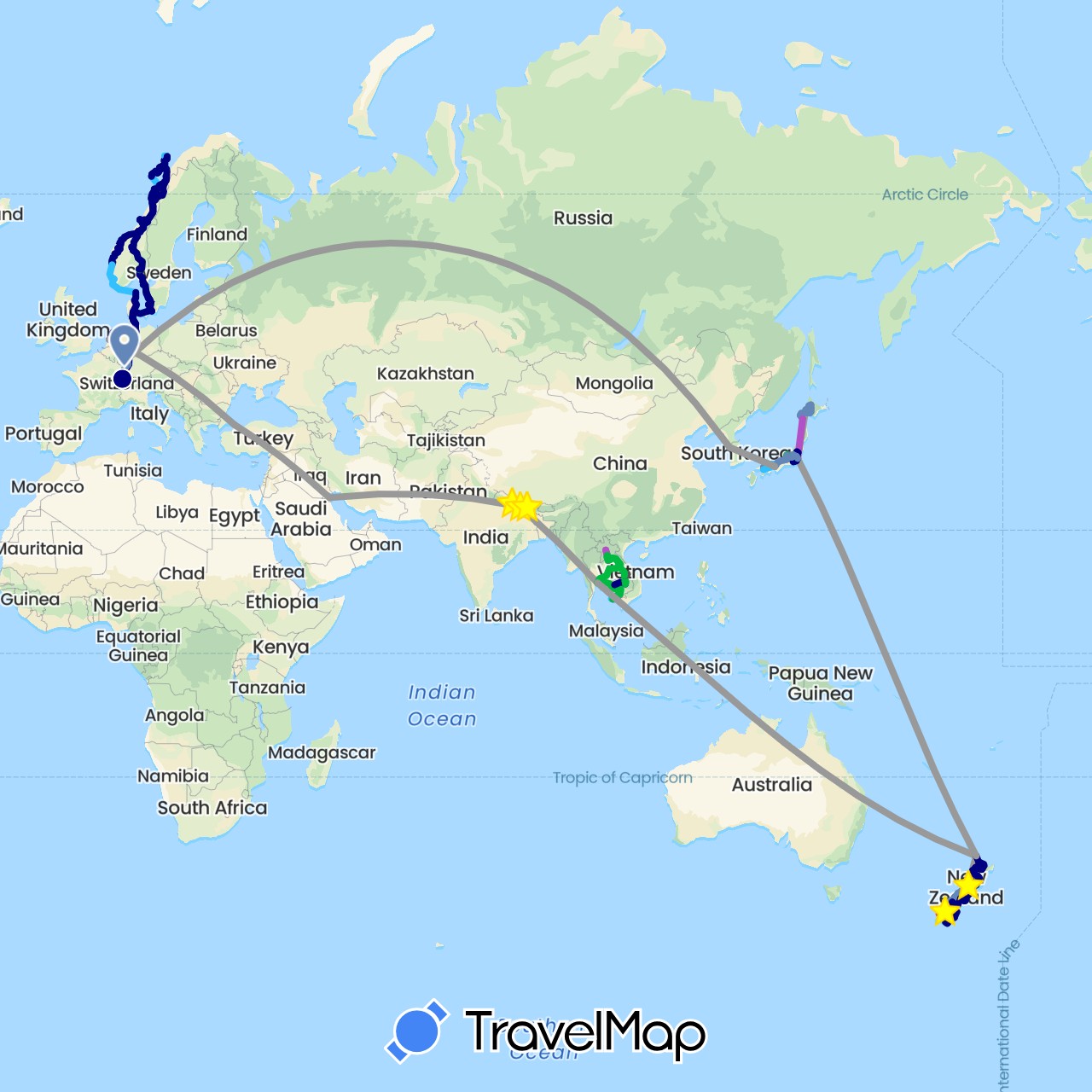 TravelMap itinerary: driving, bus, plane, cycling, train, hiking, boat, motorbike, jeep in Switzerland, Germany, Denmark, France, Japan, Cambodia, South Korea, Kuwait, Laos, Netherlands, Norway, Nepal, New Zealand, Sweden, Thailand, Turkey (Asia, Europe, Oceania)